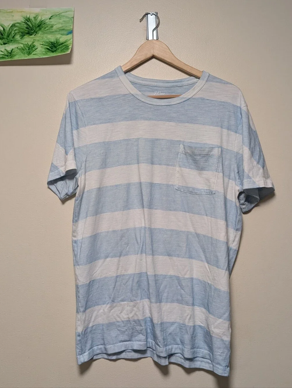 J.Crew Garment Dyed Men's M Blue White Striped Pocket T-Shirt 100% Cotton